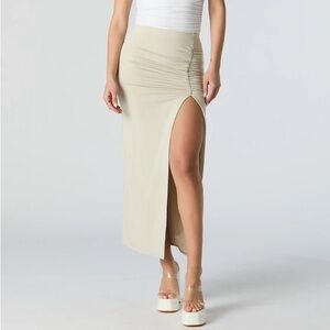 Contour Ruched Slit Midi Skirt Off White
